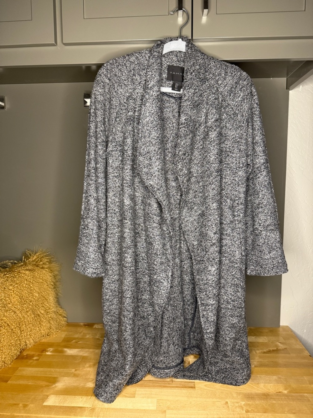 Tahari Black and Gray Open-Front Draped Cardigan